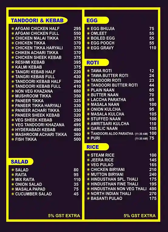 Hindusthan Hotel Menu